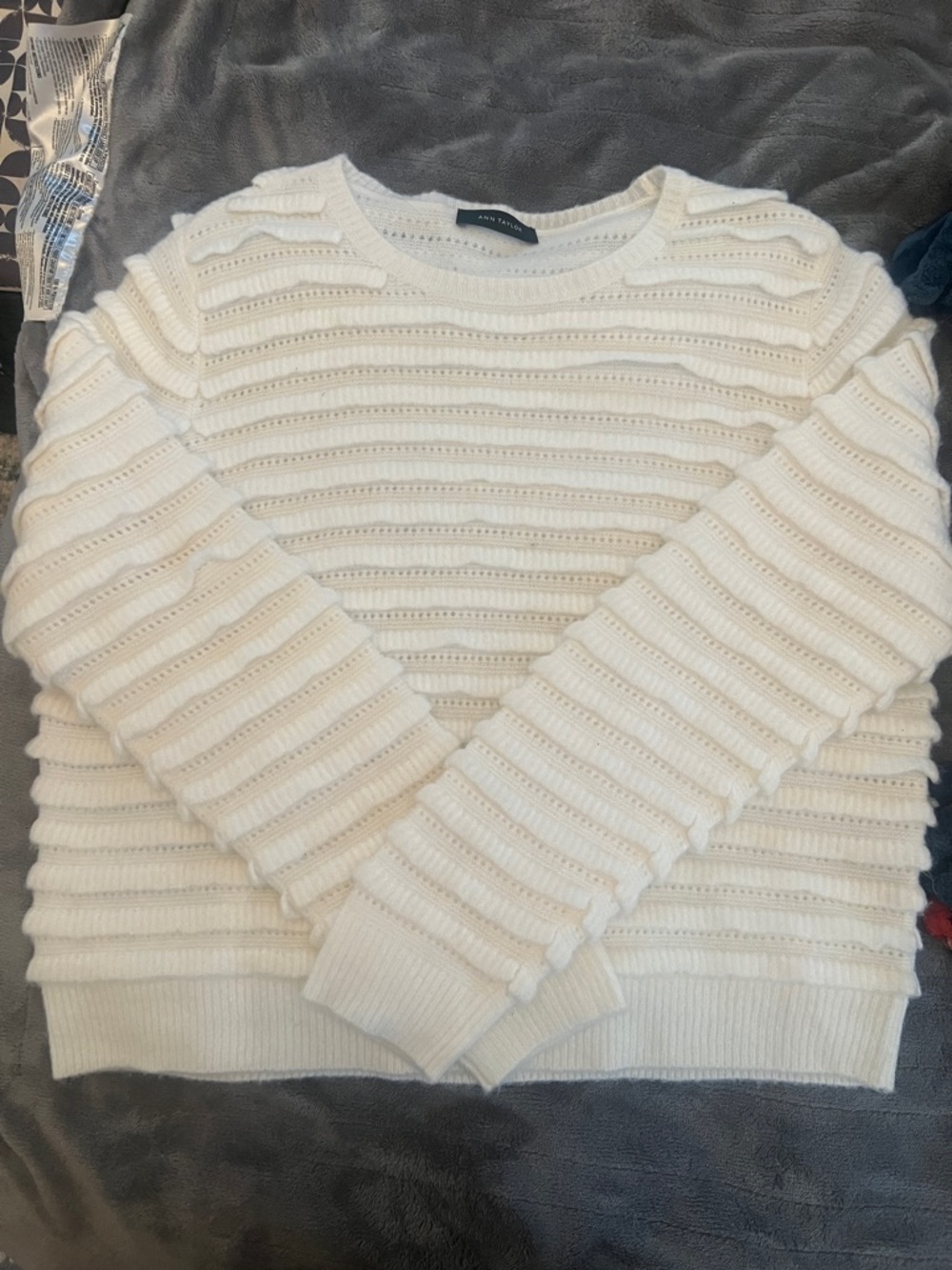NWOT Ann Taylor Cream Textured Bobble-Stripe Crewneck Sweater